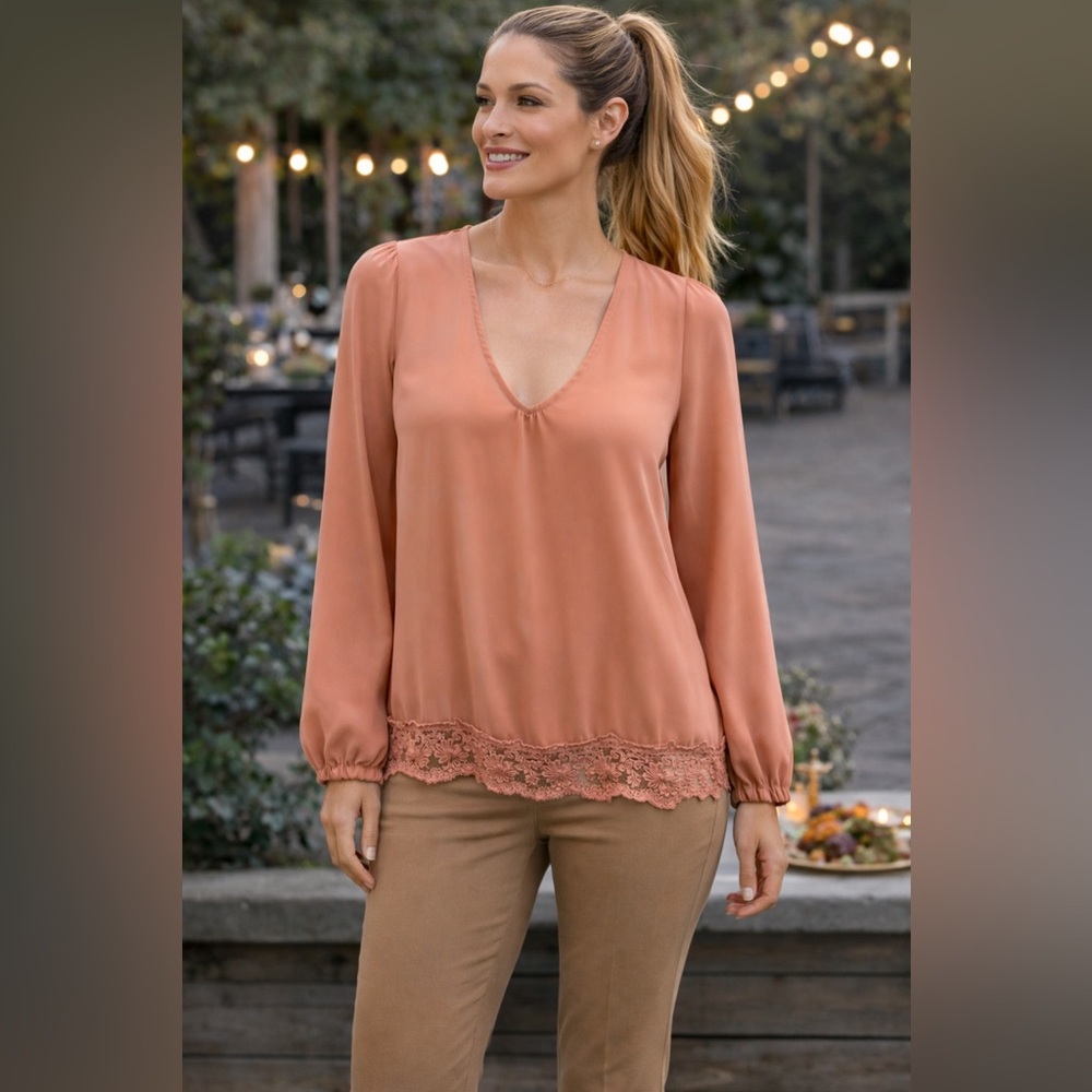TOBI Peach Blouse With Lace Trim & Open Long Sleeves